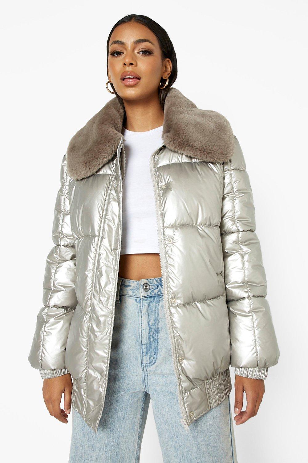 Metallic puffer jacket with fur outlet hood